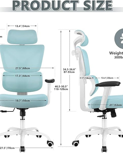 Office Chair Ergonomic Desk Chair, High Back Gaming Chair, Big and Tall Reclining chair Comfy Home Office Desk Chair Lumbar Support Breathable Mesh Computer Chair Adjustable Armrests (Blue) - LeafyLoom