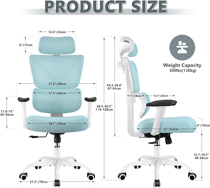 Office Chair Ergonomic Desk Chair, High Back Gaming Chair, Big and Tall Reclining chair Comfy Home Office Desk Chair Lumbar Support Breathable Mesh Computer Chair Adjustable Armrests (Blue) - LeafyLoom