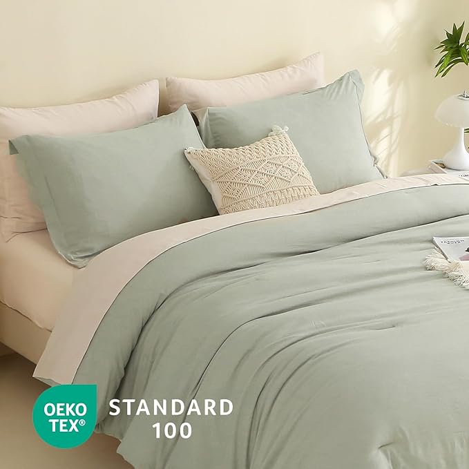 MILDLY King Size Comforter Set 7 Piece Color Clash, Mist Sage Bed in a Bag, All Season Bedding Sets with 1 Comforter, 2 Pillow Shams, 2 Pillowcases, 1 Flat Sheet, 1 Fitted Sheet - LeafyLoom