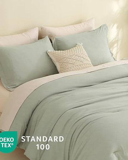 MILDLY Twin Comforter Set 5 Piece Color Clash, Mist Sage Bed in a Bag, All Season Bedding Sets with 1 Comforter, 1 Pillow Shams, 1 Pillowcases, 1 Flat Sheet, 1 Fitted Sheet - LeafyLoom