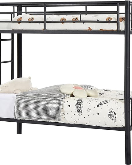 VECELO Metal Bunk Bed Twin Over Twin, Industrial Bunkbeds with Ladder and Full-Length Guardrail, Noise Free, No Boxing Spring Needed, Black - LeafyLoom