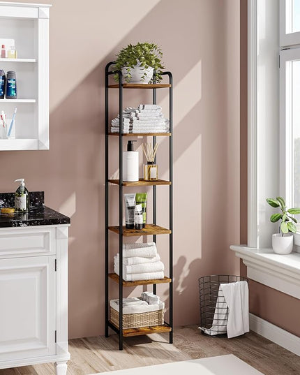 Bookcase Bookshelf, Narrow Book Shelf, Industrial Coner Shelf Storage Organizer, Slim Shelving Unit for Home Office, Living Room, Bedroom, Kitchen, 6-Tier Rustic Brown BC24601B - LeafyLoom