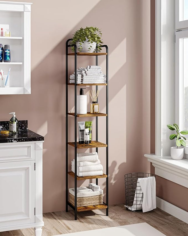 Bookcase Bookshelf, Narrow Book Shelf, Industrial Coner Shelf Storage Organizer, Slim Shelving Unit for Home Office, Living Room, Bedroom, Kitchen, 6-Tier Rustic Brown BC24601B - LeafyLoom