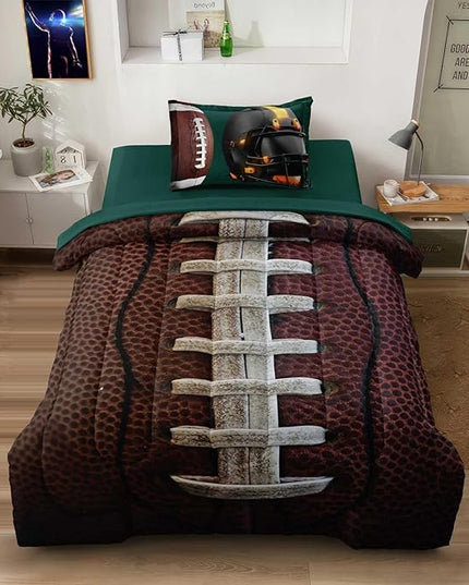 Teen Boy Football Bedding Set Twin Size, 4 Pieces American Football Comforter Set Twin, Kids Sports Bedding Bed in a Bag Set, Green Brown - LeafyLoom