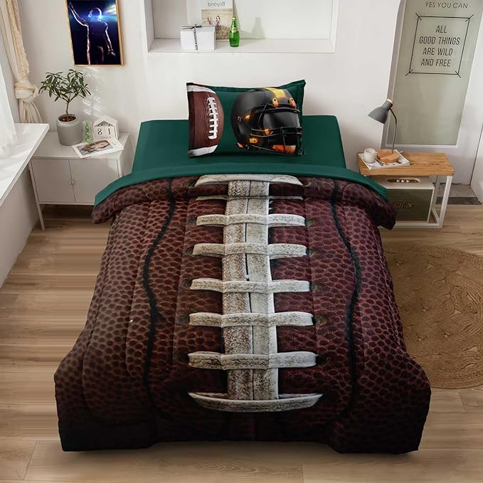Teen Boy Football Bedding Set Twin Size, 4 Pieces American Football Comforter Set Twin, Kids Sports Bedding Bed in a Bag Set, Green Brown - LeafyLoom