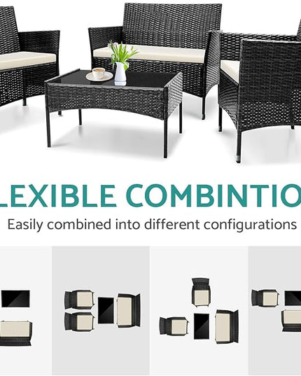 Patio Furniture, 4 Piece Conversation Set, Outdoor Wicker Rattan Table and Chairs, Sectional Sofa with Thick Cushion for Garden, Yard, or Porch, Dark Black - LeafyLoom