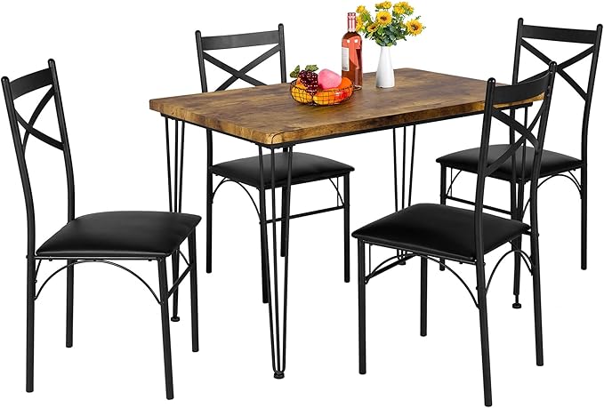 VECELO Kitchen Room Table 5-Piece Modern Metal and Wood Rectangular Breakfast Dinette with Chairs, Black, Dining Set for 4 - LeafyLoom