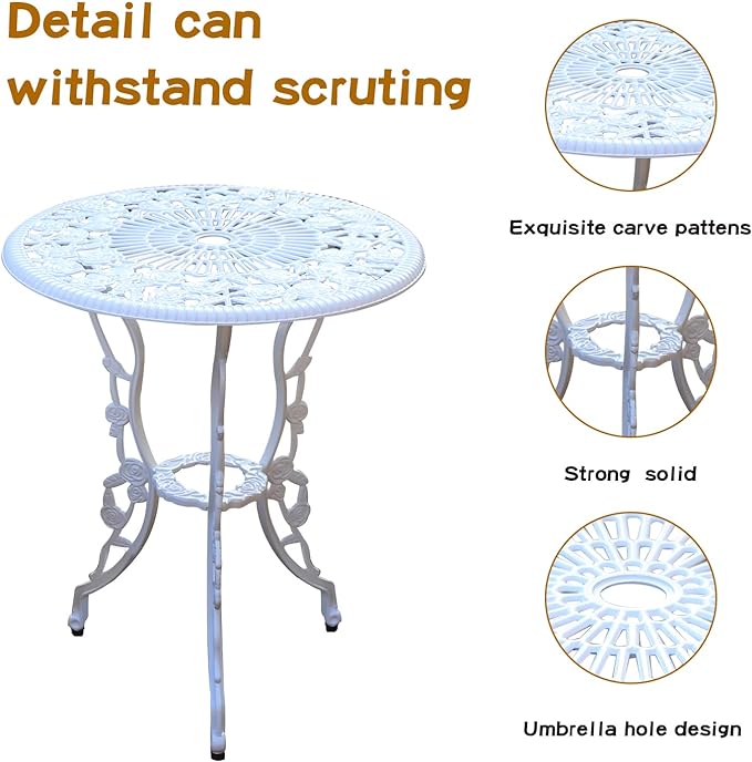 Patio Bistro Set.Rust-Resistant Cast Aluminum Bistro Table Set with Umbrella Hole for Backyard (Rose White) - LeafyLoom