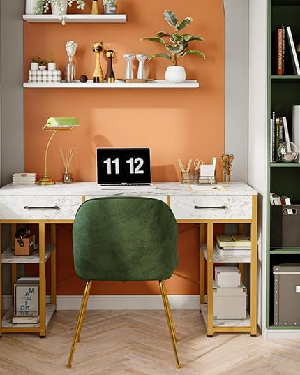 ODK Vanity Desk with Fabric Drawers & Storage Shelves, Makeup Dressing Table, Home Office Desks for Bedroom, Modern Writing Desk,White Marble and Gold Leg, 48"x16" (No Mirror) - LeafyLoom