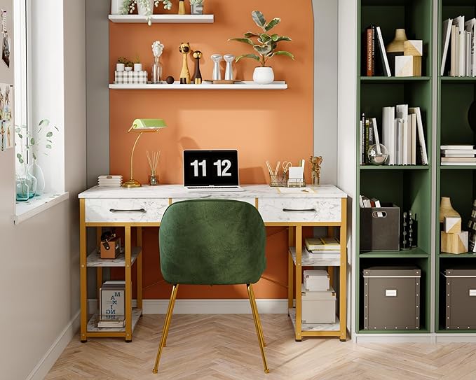 ODK Vanity Desk with Fabric Drawers & Storage Shelves, Makeup Dressing Table, Home Office Desks for Bedroom, Modern Writing Desk,White Marble and Gold Leg, 48"x16" (No Mirror) - LeafyLoom