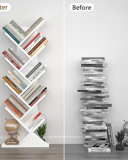 Topfurny Tree Bookshelf, 9-Tier Shelf Rustic Brown Bookcase, Retro Wood Storage Rack for CDs/Movies/Books, Anti-Fall Utility Organizer Shelves for Living Room, Bedroom, Home Office, White - LeafyLoom