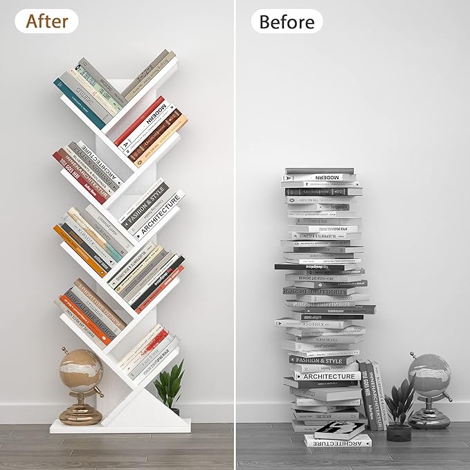 Topfurny Tree Bookshelf, 9-Tier Shelf Rustic Brown Bookcase, Retro Wood Storage Rack for CDs/Movies/Books, Anti-Fall Utility Organizer Shelves for Living Room, Bedroom, Home Office, White - LeafyLoom