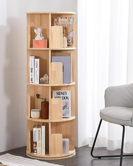 4 Tier Rotating Bookshelf 360 Display, Spinning Bookshelf Tower for Kids, Side Table, Floor Standing Bookcase Dtorage Rack, Circular Bookshelf Rotating for Living Room Study Room Office - LeafyLoom
