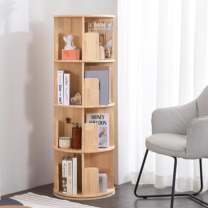 4 Tier Rotating Bookshelf 360 Display, Spinning Bookshelf Tower for Kids, Side Table, Floor Standing Bookcase Dtorage Rack, Circular Bookshelf Rotating for Living Room Study Room Office - LeafyLoom