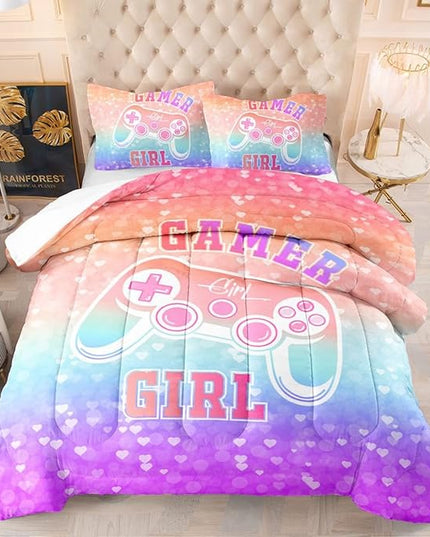 Gamer Girl Comforter Set Rainbow Gradient Gamepad Bedding Set Colorful Queen Size Microfiber Comforter with Pillowcase for Teens Kids Video Game Bedroom Decor - LeafyLoom