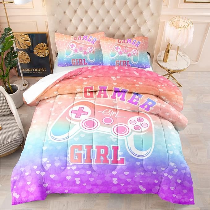 Gamer Girl Comforter Set Rainbow Gradient Gamepad Bedding Set Colorful Queen Size Microfiber Comforter with Pillowcase for Teens Kids Video Game Bedroom Decor - LeafyLoom