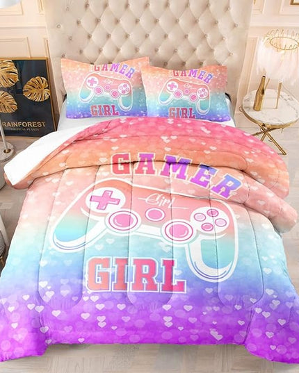 Gamer Girl Comforter Set Rainbow Gradient Gamepad Bedding Set Colorful Queen Size Microfiber Comforter with Pillowcase for Teens Kids Video Game Bedroom Decor - LeafyLoom