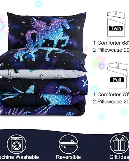Meeting Story Dinosaur Comforter Set, Fluorescence Gradation Unicorn Twin Comforter Set, 3 PCS 1 Comforter and 2 Pillowcases in One Bag, All Season Bedspread for Kids Teens Adults（Twin） - LeafyLoom