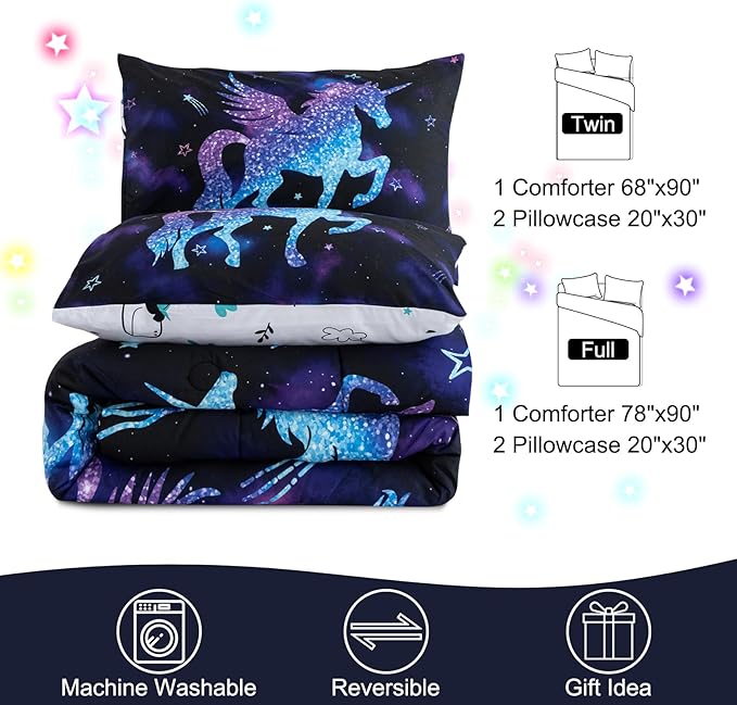 Meeting Story Dinosaur Comforter Set, Fluorescence Gradation Unicorn Twin Comforter Set, 3 PCS 1 Comforter and 2 Pillowcases in One Bag, All Season Bedspread for Kids Teens Adults（Twin） - LeafyLoom