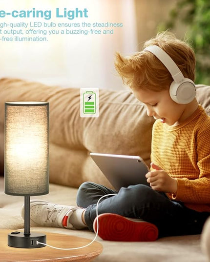 Black Bedroom Lamp for Nightstand - 3 Way Dimmable Bedside Lamp USB C A Charging Ports and AC Outlet, Small Table Lamp Black Base for Living Room, Office Desk, LED Bulb Included - LeafyLoom