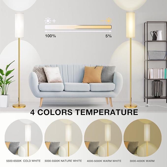 Floor Lamp for Living Room Bedroom with Remote, Modern LED Floor Lamp with Two Adjustment Modes of Reading and Colorful,Standing Lamp Tall Lamp with White Lampshade,9W Bulb Included(Gold) - LeafyLoom