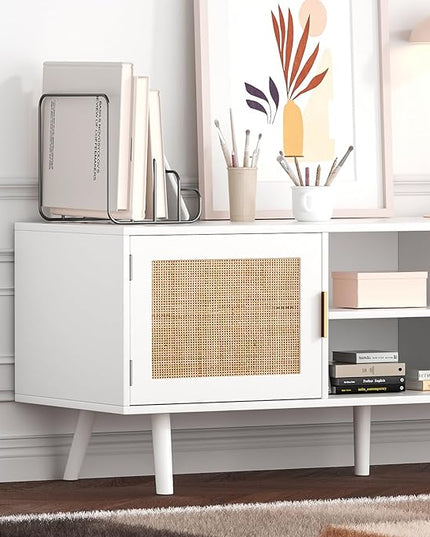 Anmytek Farmhouse Rattan TV Stand for 55 Inches TV Mid Century Modern Entertainment Center with Storage Cabinet Wood Small Media Console for Living Room White H0055 - LeafyLoom