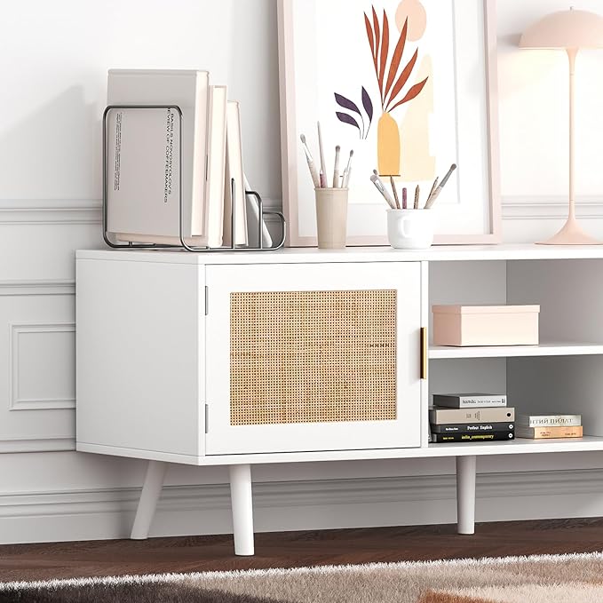 Anmytek Farmhouse Rattan TV Stand for 55 Inches TV Mid Century Modern Entertainment Center with Storage Cabinet Wood Small Media Console for Living Room White H0055 - LeafyLoom