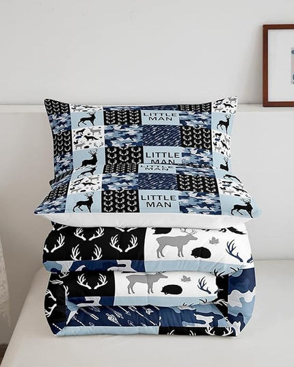 Manfei Camo Deer Antlers Comforter Set Twin,Geometric Checks Patchwork Bedding Set 2pcs for Kids Teens Boys Adults Room Decor,Boho Arrow Animals Quilt Set,Blue Xmas Duvet Insert with 1 Pillowcase - LeafyLoom