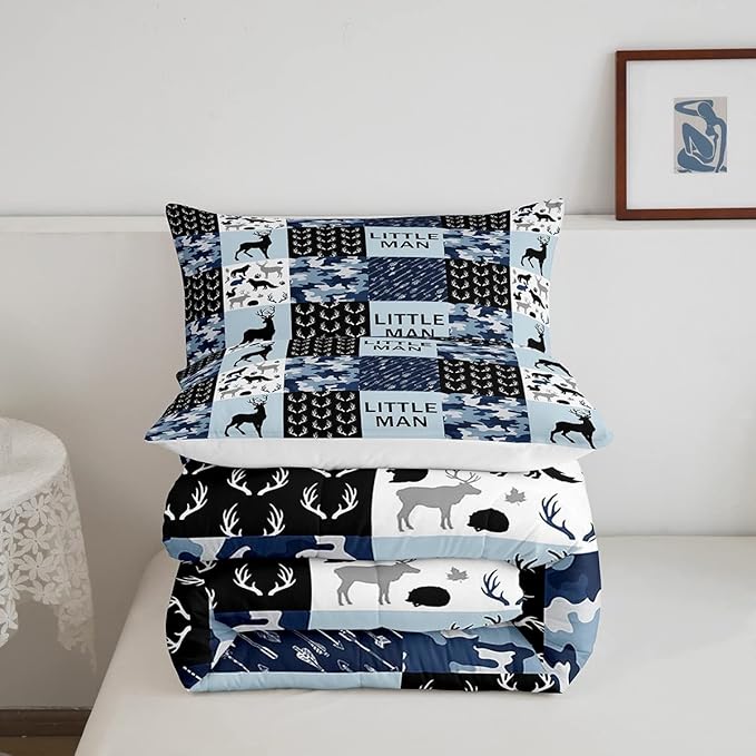 Manfei Camo Deer Antlers Comforter Set Twin,Geometric Checks Patchwork Bedding Set 2pcs for Kids Teens Boys Adults Room Decor,Boho Arrow Animals Quilt Set,Blue Xmas Duvet Insert with 1 Pillowcase - LeafyLoom