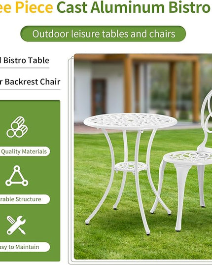 3 Piece Cast Aluminum White Bistro Set Outdoor Bistro Table and Chairs Set of 2,Metal Bistro Patio Table Set with Umbrella Hole,Patio furniture Set for Garden,Front Porch. - LeafyLoom