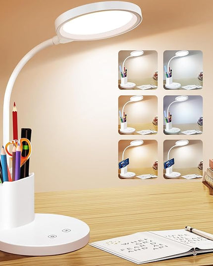 Desk Lamps for Home Office with Pen Holder/Organizer,6 Color Modes,Stepless Dimming,Study Desk Lamp for Kids,LED Desk Light Gooseneck Eye-Caring Lamp with Phone Stand/Storage,College Dorm Essentials - LeafyLoom