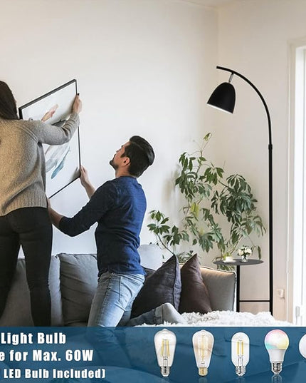 O'NEELDY Modern Black Arc Floor Lamp with Table Attached 71" Height Marble Arched Floor Lamp Curved Tall Shelf Standing Lamp for Living Room, Office, 360° Rotatable Shade, E26 Bulb Included - LeafyLoom