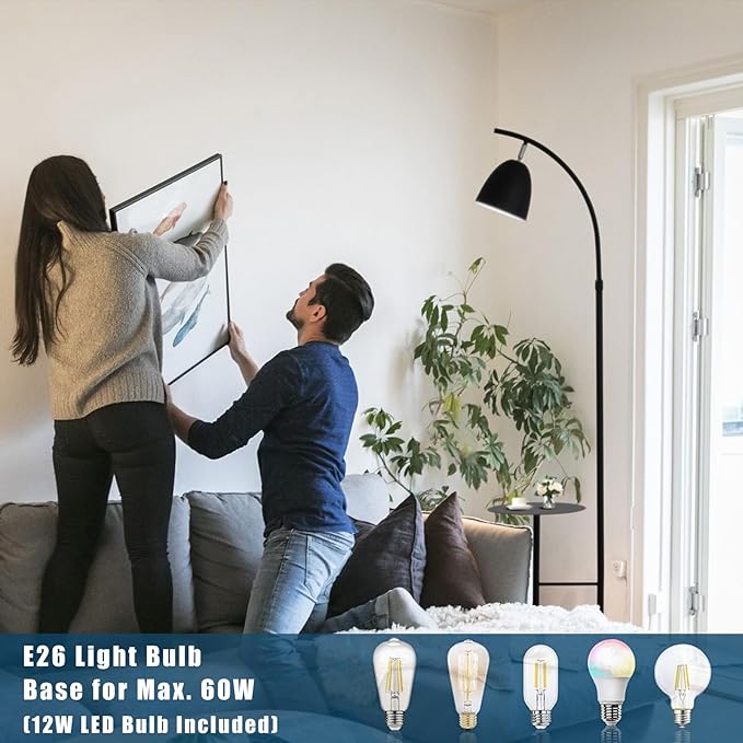 O'NEELDY Modern Black Arc Floor Lamp with Table Attached 71" Height Marble Arched Floor Lamp Curved Tall Shelf Standing Lamp for Living Room, Office, 360° Rotatable Shade, E26 Bulb Included - LeafyLoom