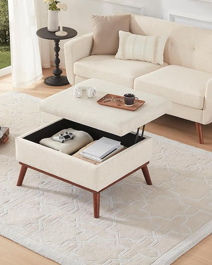 Tbfit Large Ottoman with Storage, 31.5-inch Mid Century Modern Rectangle Coffee Table with Lid Lifting Function and High Wooden Legs, Oversized Storage Ottomans for Living Room, Office Room - LeafyLoom