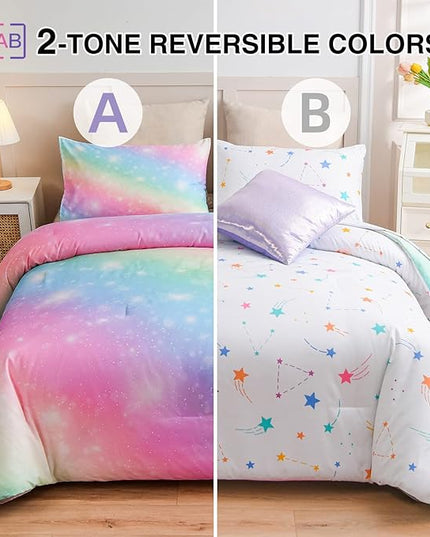 A Nice Night 6Pcs Gradient Glitter Bedding Set for Girls Full Size, Colorful Rainbow Galaxy Comforter Set, Ultra Soft Bedding Sets, Pink - LeafyLoom