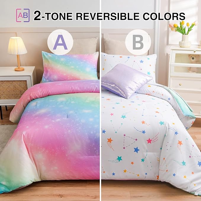 A Nice Night 6Pcs Gradient Glitter Bedding Set for Girls Full Size, Colorful Rainbow Galaxy Comforter Set, Ultra Soft Bedding Sets, Pink - LeafyLoom