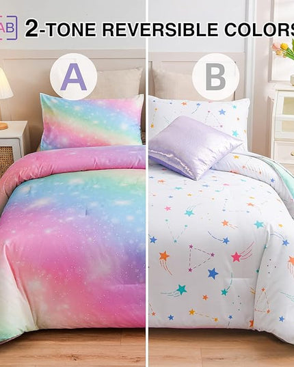 A Nice Night 6Pcs Gradient Glitter Bedding Set for Girls, Colorful Rainbow Galaxy Comforter Set, Ultra Soft Bedding Sets (Pink,Queen 6Pcs) - LeafyLoom