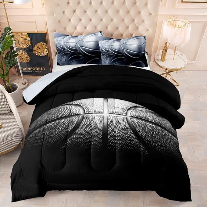 Basketball Comforter Set,Sports Basketall Bedding Set with Pillowcases, Boys Comforter Set Twin,Twin Black Ultra Soft Microfiber Kids Comforter Set,Basketball Bedding for Teen Boy Kids - LeafyLoom