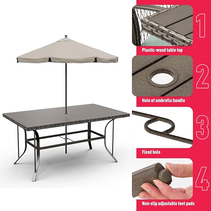 Pamapic Patio Dining Set, 7 Piece, Outdoor Wicker Furniture Set for Backyard Garden Deck Poolside/Iron Slats Table Top, Removable Cushion, Green - LeafyLoom