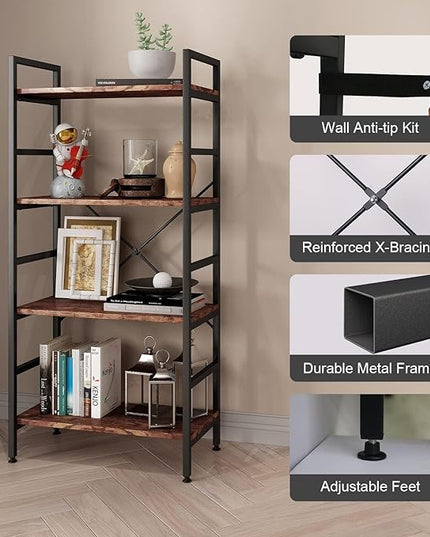 4 Tier Industrial Book Shelf,Modern Small Book Case for Books, Garage Kit, CDs, Movies, Standing BookShelves Display Rack for Bedroom/Living Room/Home Office - Rustic Brown Wood Bookcase - LeafyLoom