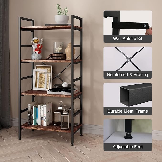 4 Tier Industrial Book Shelf,Modern Small Book Case for Books, Garage Kit, CDs, Movies, Standing BookShelves Display Rack for Bedroom/Living Room/Home Office - Rustic Brown Wood Bookcase - LeafyLoom
