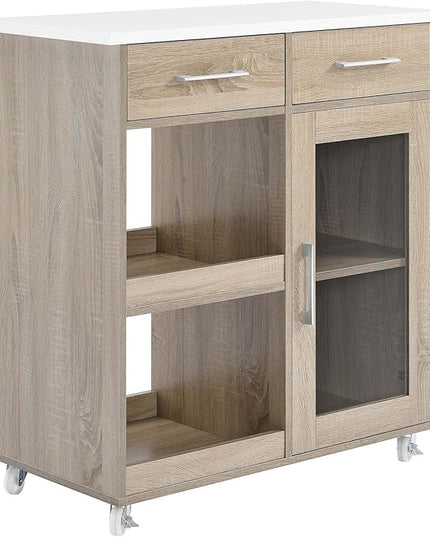 Modway Culinary Rolling Kitchen Cart with Storage in Oak White - 3 Tiers Kitchen Island on Wheels with Towel Bar, Functional as a Coffee Station, Bar Cabinet or Butcher Block Island - LeafyLoom