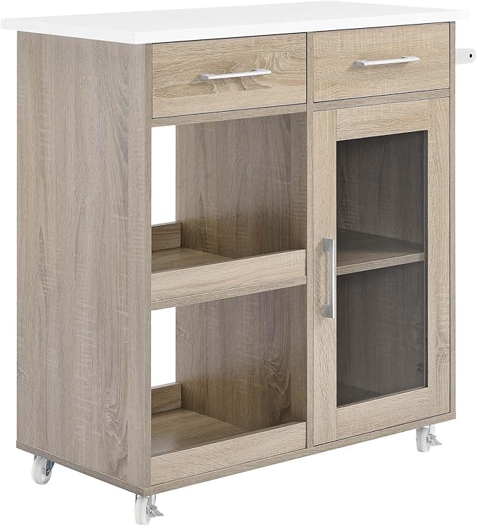 Modway Culinary Rolling Kitchen Cart with Storage in Oak White - 3 Tiers Kitchen Island on Wheels with Towel Bar, Functional as a Coffee Station, Bar Cabinet or Butcher Block Island - LeafyLoom