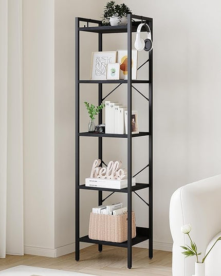 Bookshelf, Book Shelf, Industrial Bookcase with 2 Hooks, Coner Shelf Storage Organizer for Home Office, Living Room, Bedroom, Kitchen, 5-Tier Black BC10504B - LeafyLoom