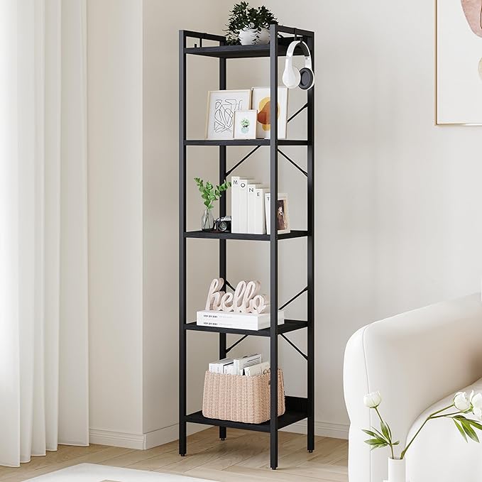 Bookshelf, Book Shelf, Industrial Bookcase with 2 Hooks, Coner Shelf Storage Organizer for Home Office, Living Room, Bedroom, Kitchen, 5-Tier Black BC10504B - LeafyLoom
