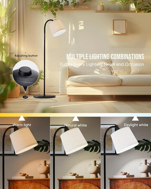 Floor Lamp for Living Room, Dimmable Floor Lamps (3 Color Temperatures and 9w Led Bulb), Standing Lamp with Beige Linen Lamp Shade, Modern Tall Arc Floor Lamp for Bedroom, Office, Study - LeafyLoom