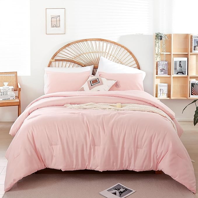 Blush Pink Comforter Set Twin Boho Pink Twin Comforter with 1 Pillowcases - Soft Lightweight Cozy Bedding Set for All Season - Beige Comforter Twin Size for Women Teens Kids - LeafyLoom