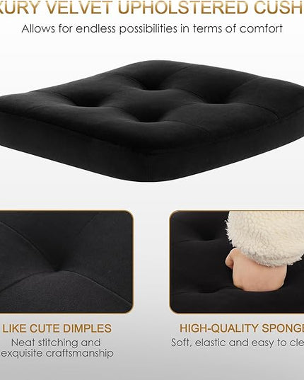 Zesthouse Modern Home Office Chair Velvet Desk Chair with Natural Rattan Back, Vanity Chair for Girls Women, Upholstered Tufted Swivel Armchair, Height Adjustable Computer Task Chair, Black - LeafyLoom