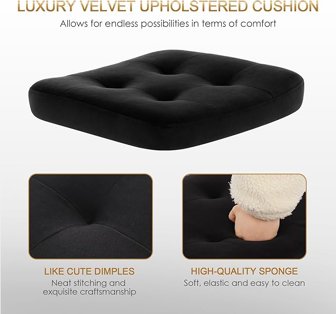 Zesthouse Modern Home Office Chair Velvet Desk Chair with Natural Rattan Back, Vanity Chair for Girls Women, Upholstered Tufted Swivel Armchair, Height Adjustable Computer Task Chair, Black - LeafyLoom