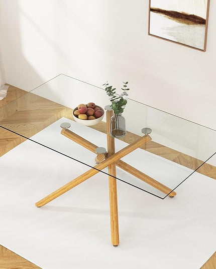 NicBex Large Modern Minimalist Rectangular Glass Dining Table for 6-8 with 0.39" Tempered Glass Tabletop and Wood Color Metal Legs, for Kitchen Dining Living Meeting Room Banquet Hall, Wood - LeafyLoom